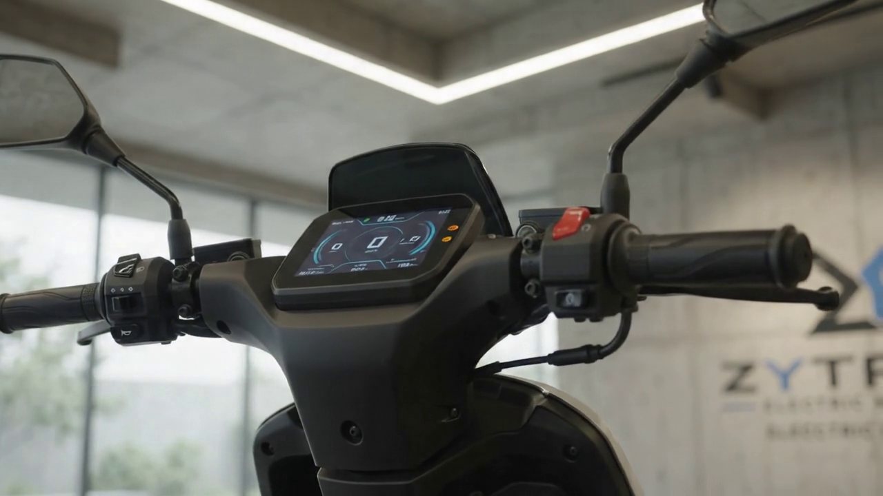 Painel digital colorido e comandos do guidão da scooter Zytron