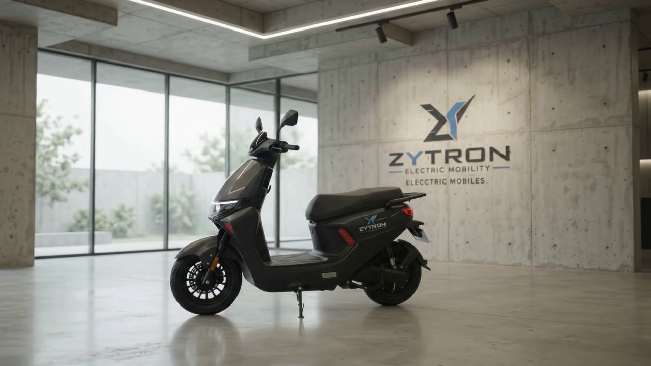 Scooter elétrica Zytron preta ao lado do logo da marca